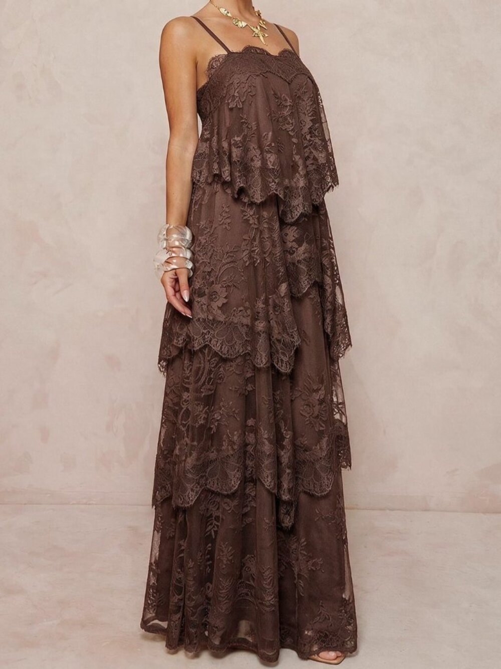 Brown Chic Women's Chiffon Ruched Lace Tiered Maxi Dress